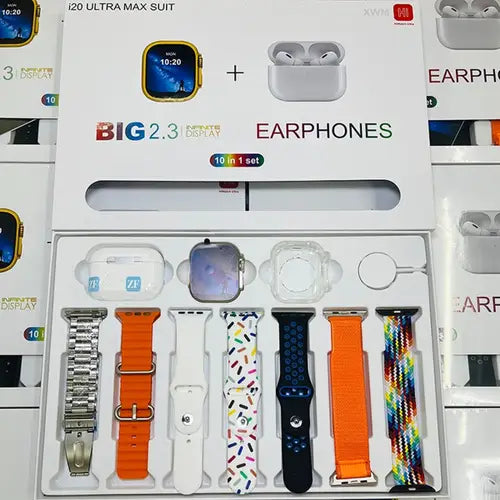 I20 Ultra Max Suit Smartwatch 10-in-1 Box – 2.3-Inch Large Display with 7 Mixed Color Straps and AirPods 2 – Complete Smart Combo Set for Men and Women (Random Color)