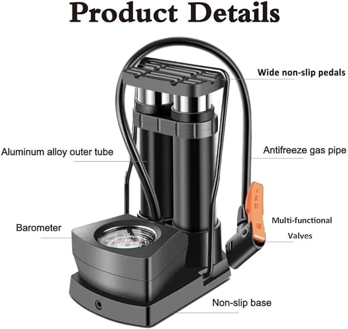Double Cylinder Foot Air Pump with Pressure Gauge – Heavy Duty Manual Tyre Inflator for Car, Bike, Bicycle, Motorcycle, Football & Inflatable Toys