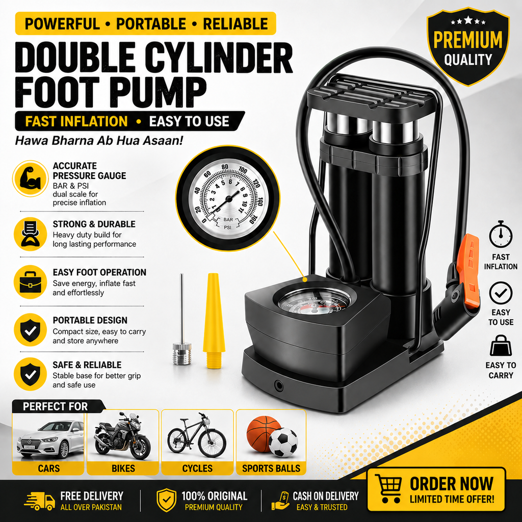 Double Cylinder Foot Air Pump with Pressure Gauge – Heavy Duty Manual Tyre Inflator for Car, Bike, Bicycle, Motorcycle, Football & Inflatable Toys