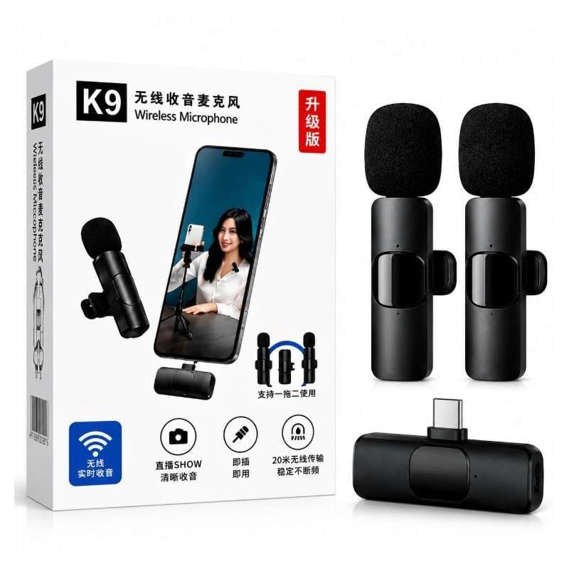 K9 Wireless Dual Lavalier Microphone System - Plug & Play for Vlogging & Live Streaming