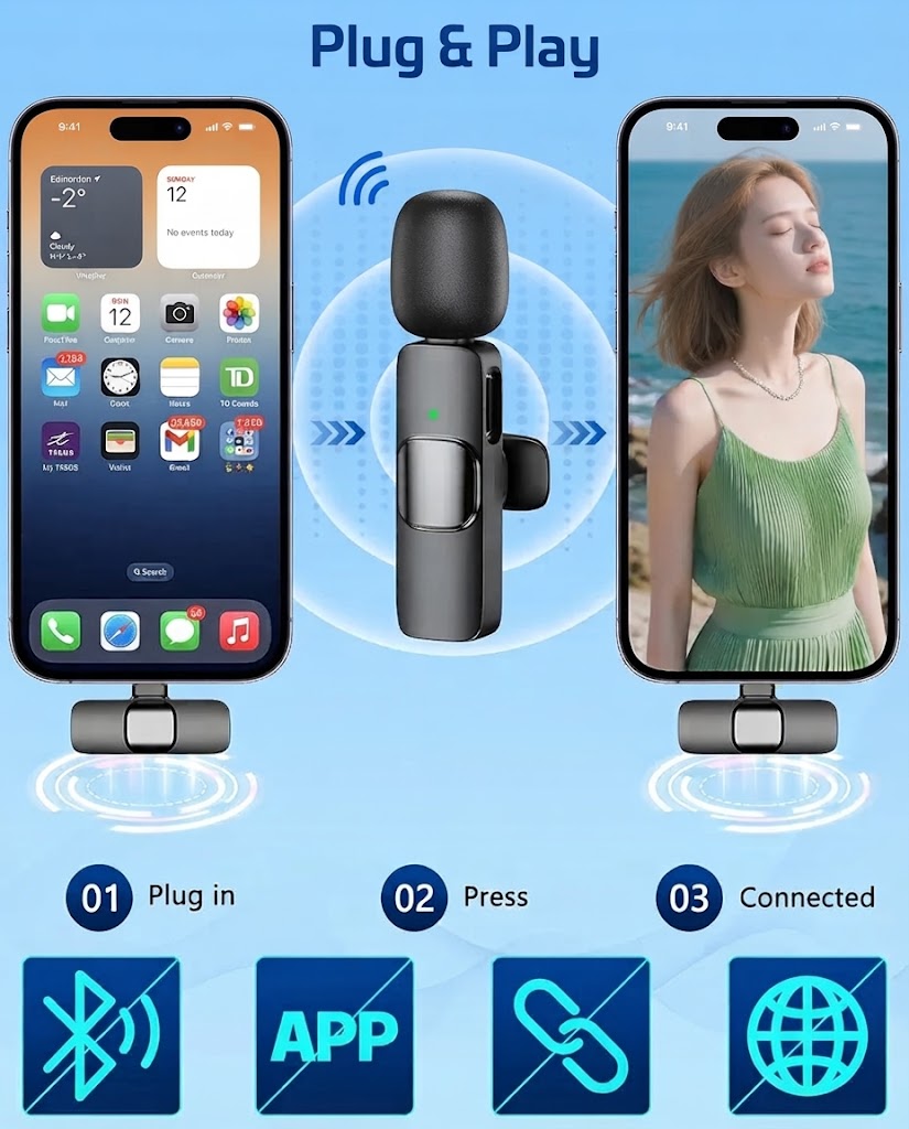K11 Dual Wireless Lavalier Microphone for iPhone & Android – Dual Clip-On Bluetooth Mic